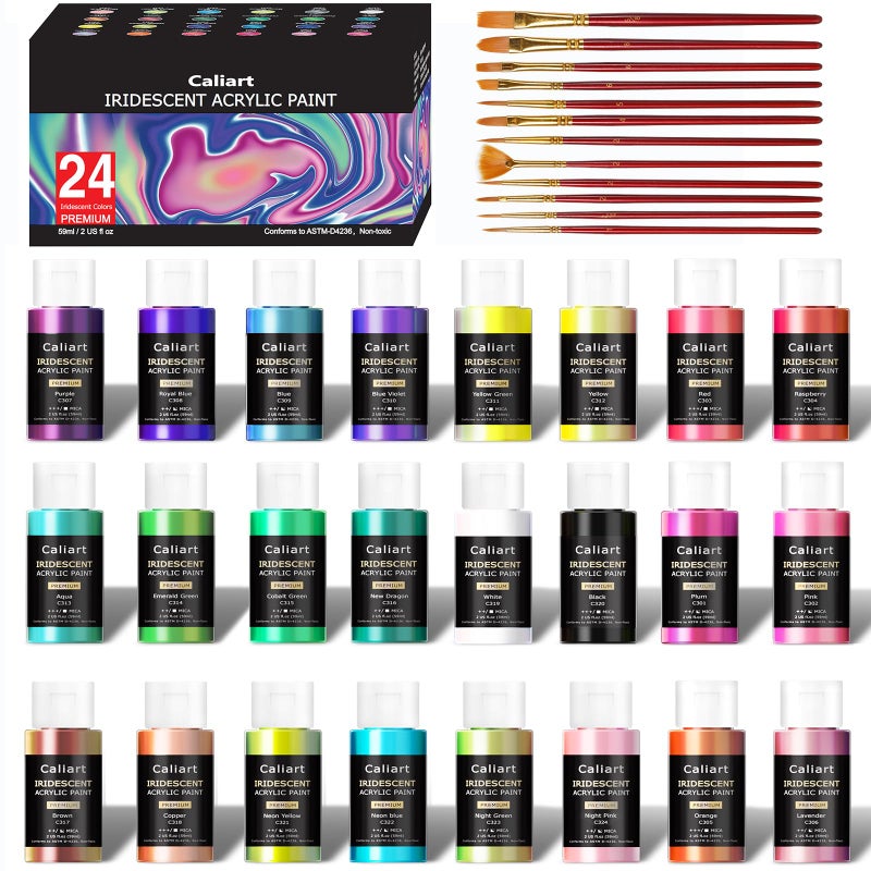 Caliart Iridescent Acrylic Paint with 12 Brushes  24 Colors (59ml  2oz) Art Craft Paints for Artists Students Kids Beginners  Halloween Decorations Canvas Ceramic Wood Rock Painting Kit - Image 1